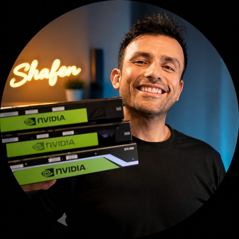 Shafen Khan holding three graphics cards, a neon sign with his name glowing behind him